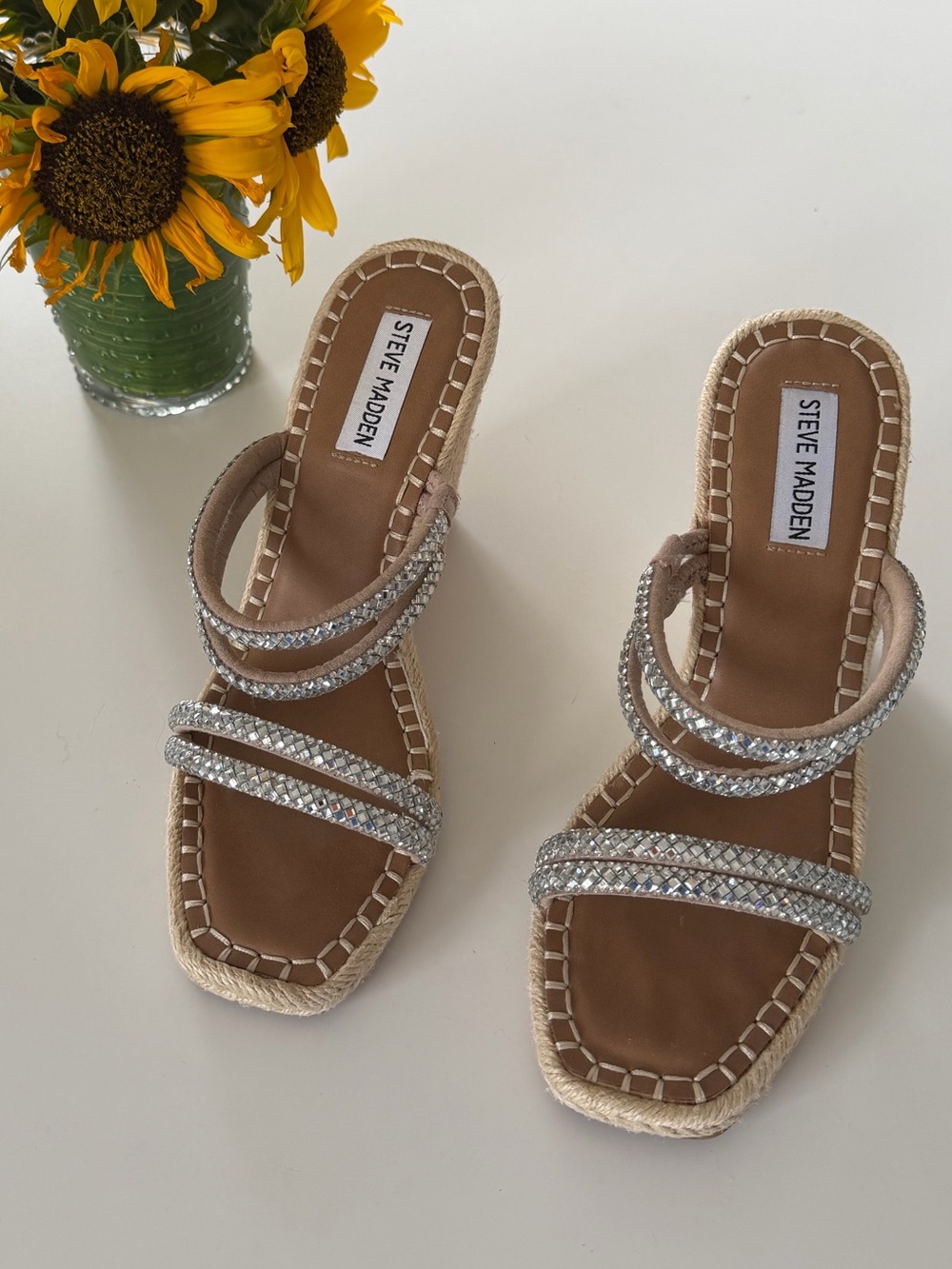 Steve Madden Tan Slide Sandals with Silver Jeweled Straps